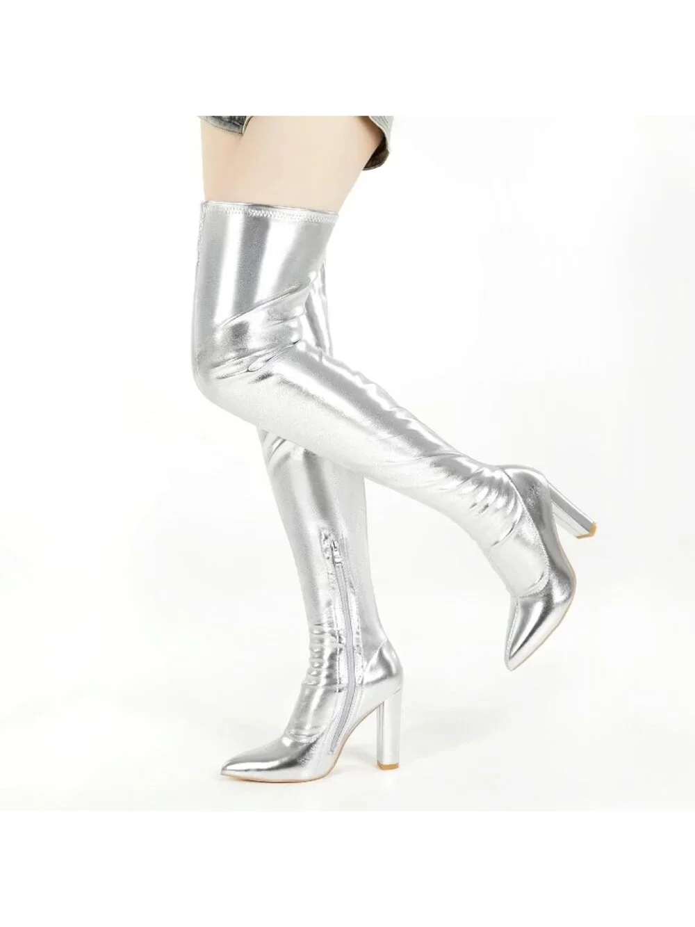 Women's Silver Pointed Toe Chunky Heel Patent Leather Over The Knee High Boots